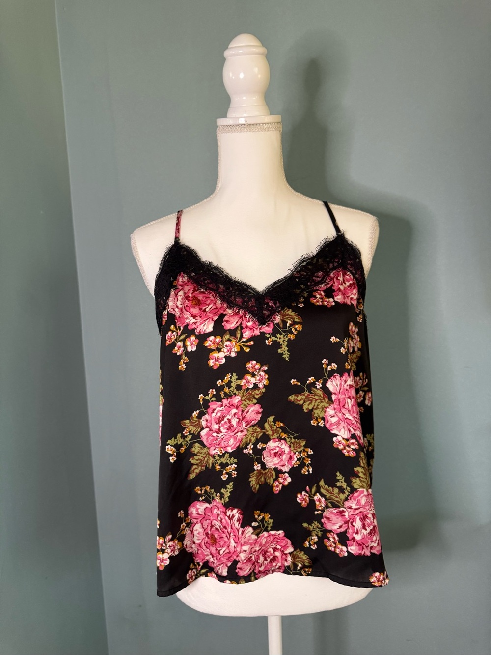 Nordstrom BP Lace Trim Satin Cami Black Pink Rose Print Floral Medium